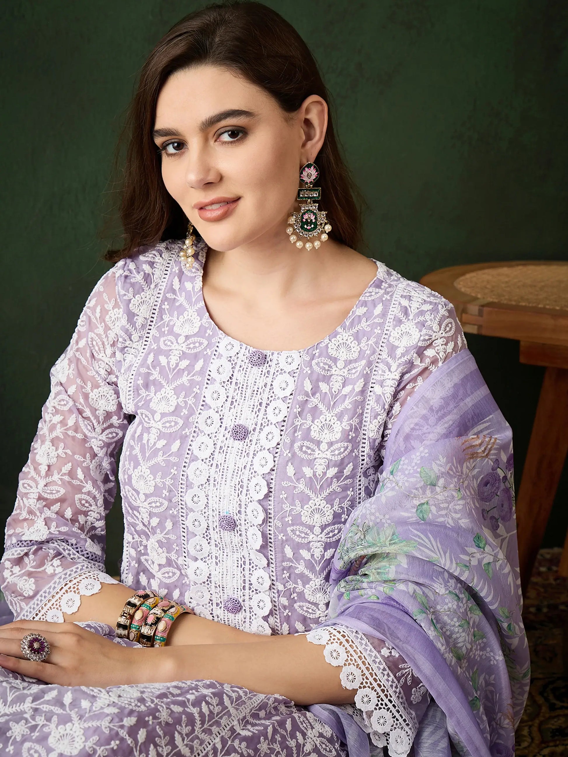 Stunning Lavender Embroidered Organza Pant Suit With Dupatta - Zeel Clothing