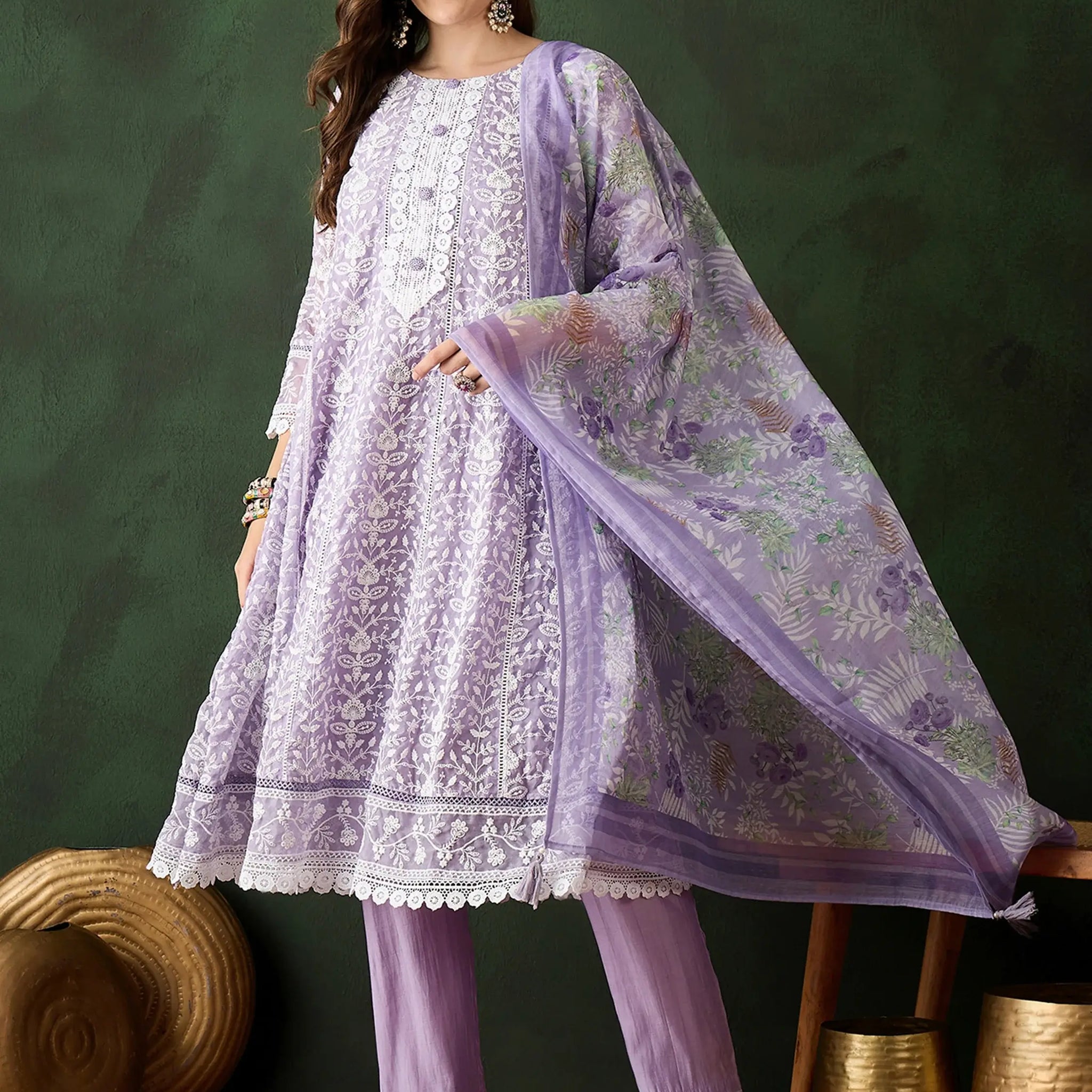 Stunning Lavender Embroidered Organza Pant Suit With Dupatta - Zeel Clothing