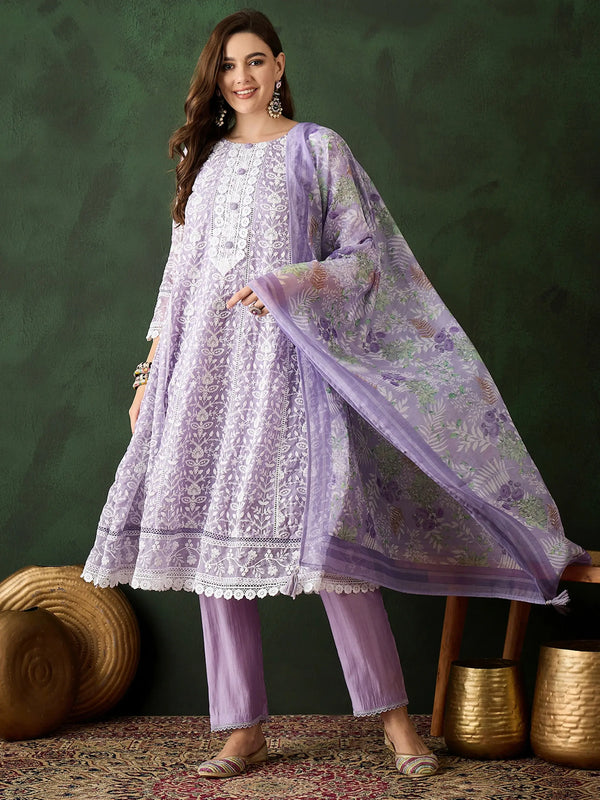 Stunning Lavender Embroidered Organza Pant Suit With Dupatta - Zeel Clothing