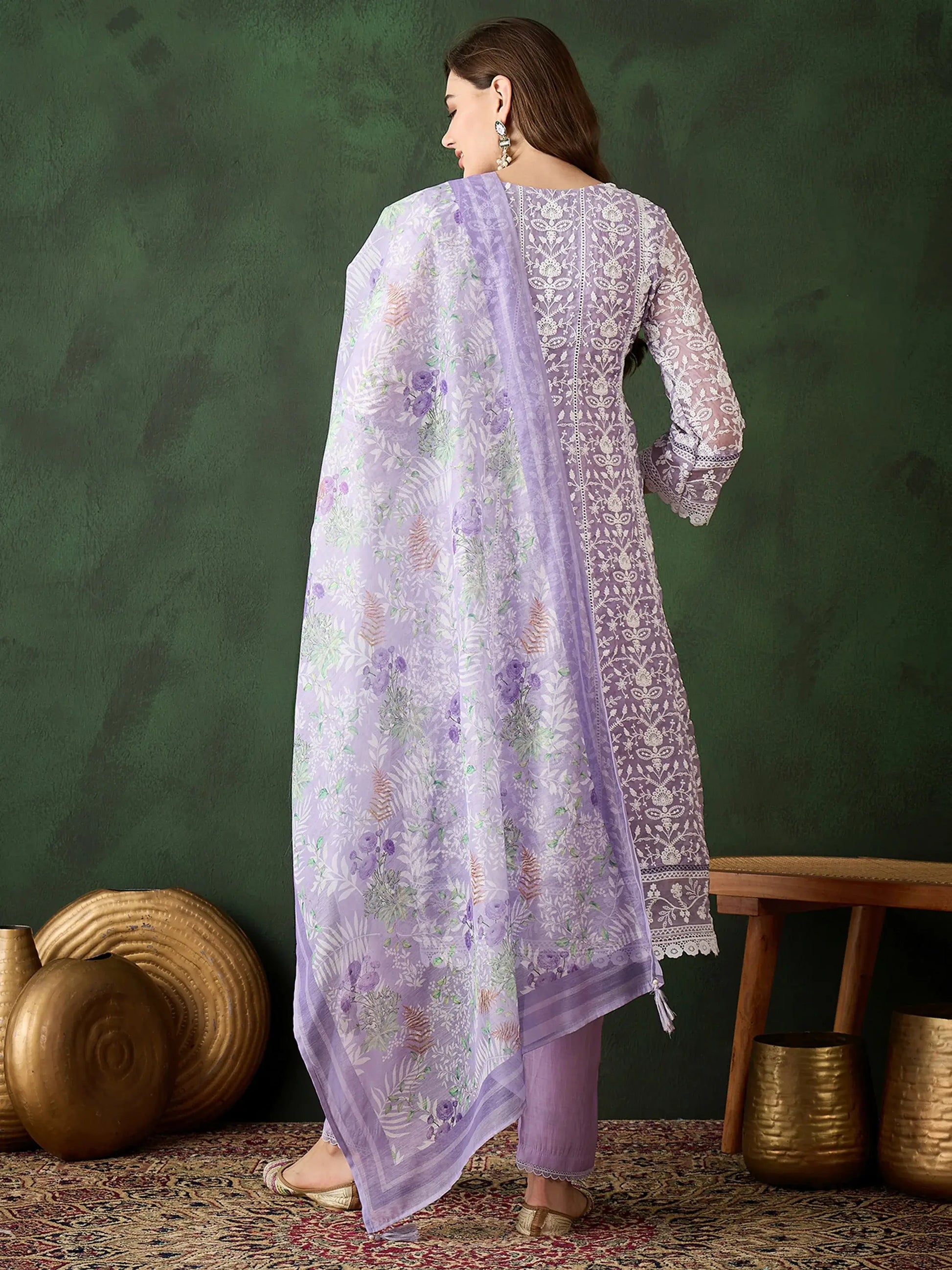 Stunning Lavender Embroidered Organza Pant Suit With Dupatta - Zeel Clothing