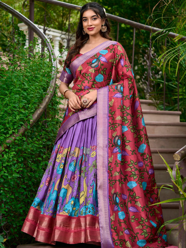 Stunning Lavender Kalamkari Printed Dola Silk Traditional Lehenga Choli - Zeel Clothing