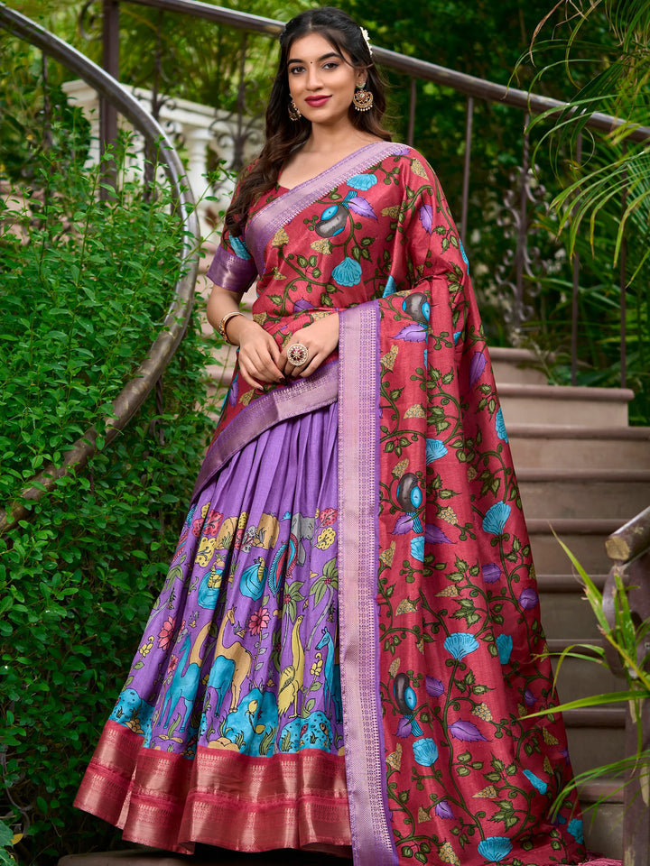 Stunning Lavender Kalamkari Printed Dola Silk Traditional Lehenga Choli - Zeel Clothing