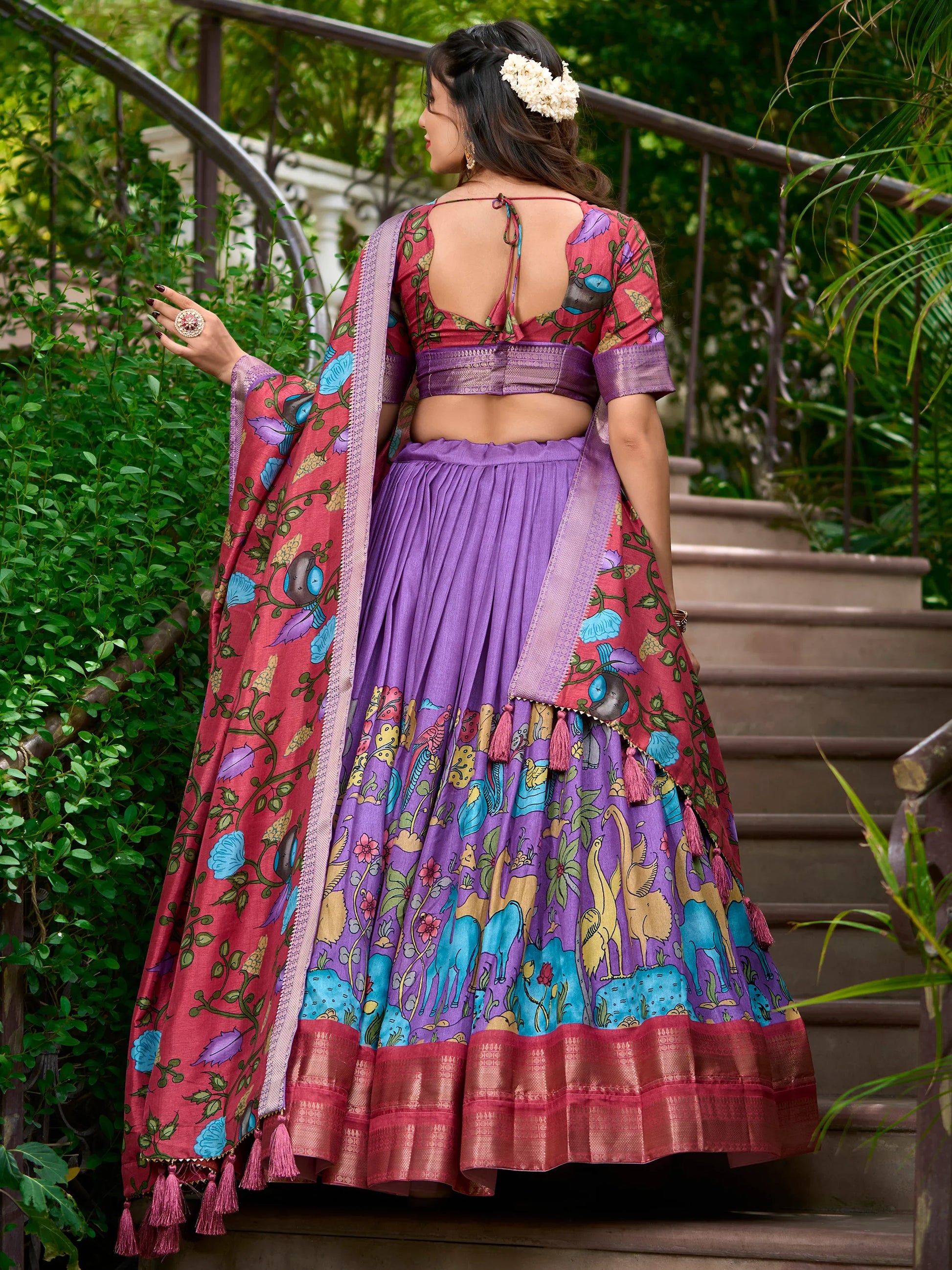 Stunning Lavender Kalamkari Printed Dola Silk Traditional Lehenga Choli - Zeel Clothing