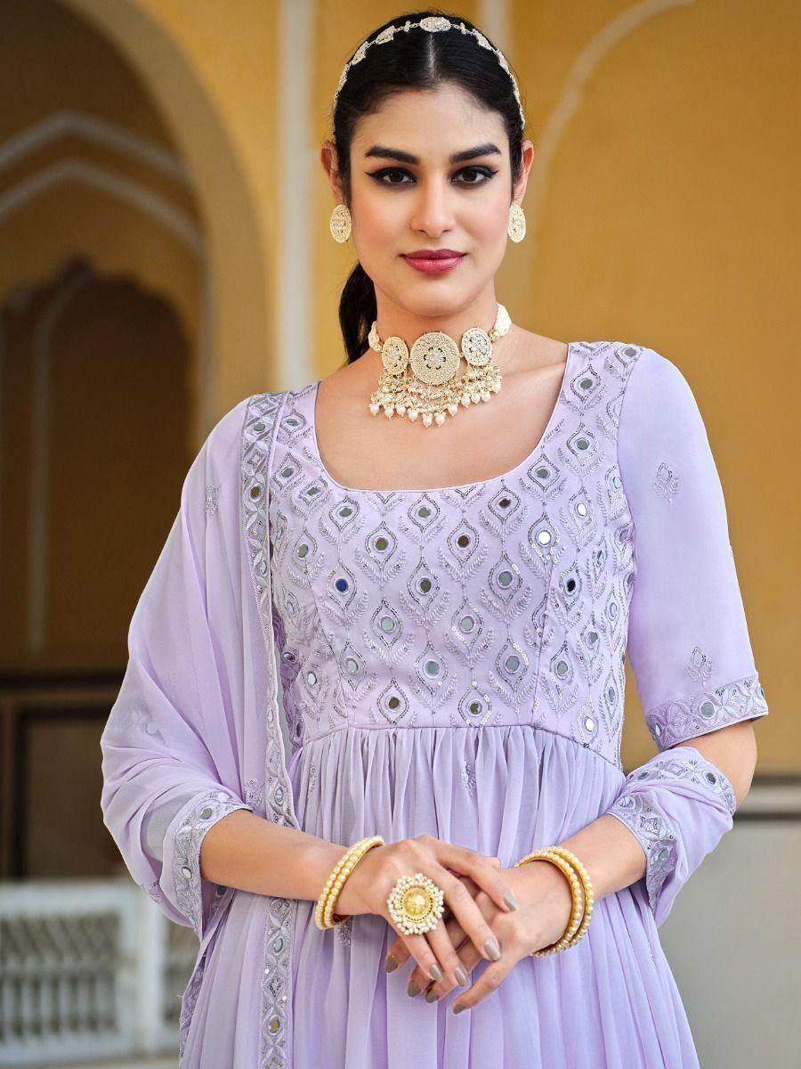 Stunning Lavender Mirror Work Georgette Ready-To-wear Palazzo Suit - Zeel Clothing
