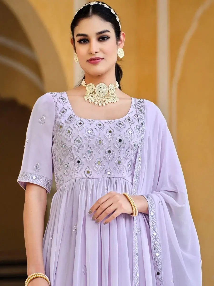 Stunning Lavender Mirror Work Georgette Ready-To-wear Palazzo Suit - Zeel Clothing
