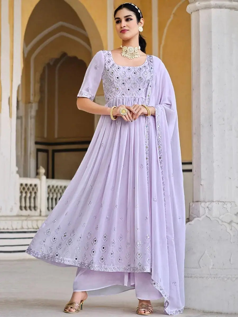Stunning Lavender Mirror Work Georgette Ready-To-wear Palazzo Suit - Zeel Clothing