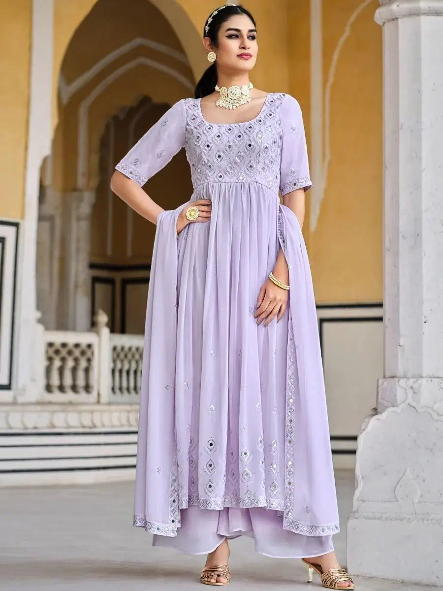 Stunning Lavender Mirror Work Georgette Ready-To-wear Palazzo Suit - Zeel Clothing