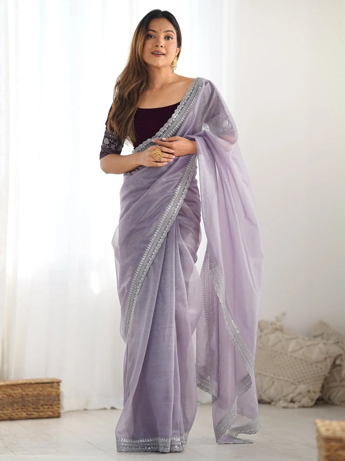 Stunning Lavender Sequins Border Work Net Saree With Blouse - Zeel Clothing