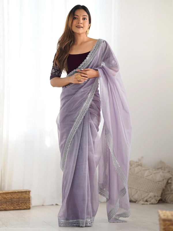 Stunning Lavender Sequins Border Work Net Saree With Blouse - Zeel Clothing
