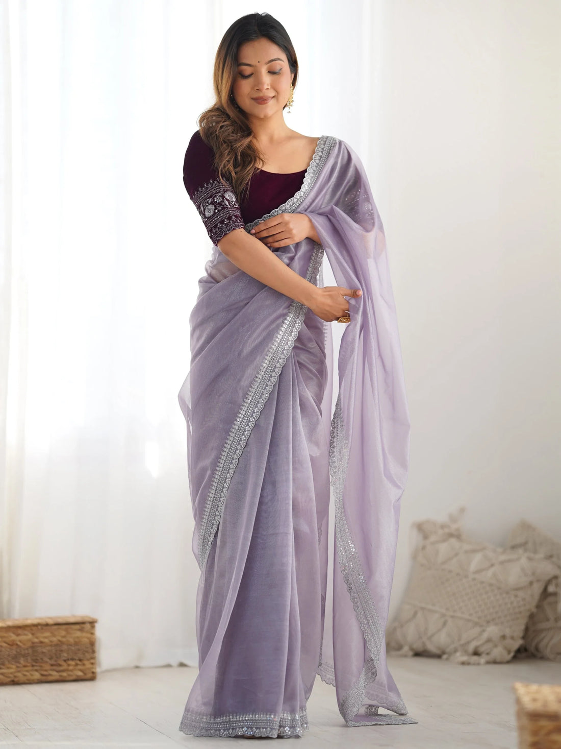 Stunning Lavender Sequins Border Work Net Saree With Blouse - Zeel Clothing