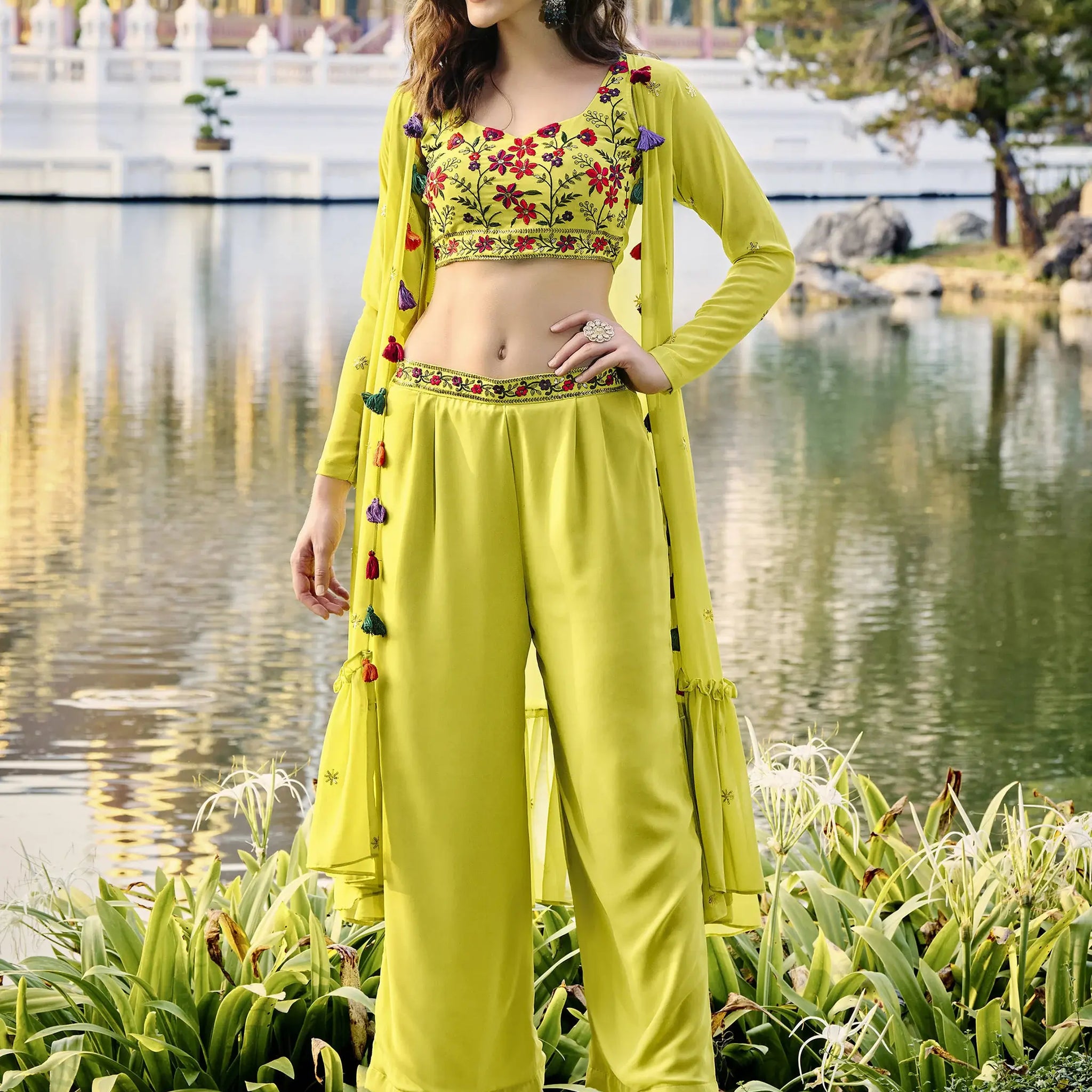 Stunning Light Green Embroidered Georgette Palazzo Suit With Jacket - Zeel Clothing