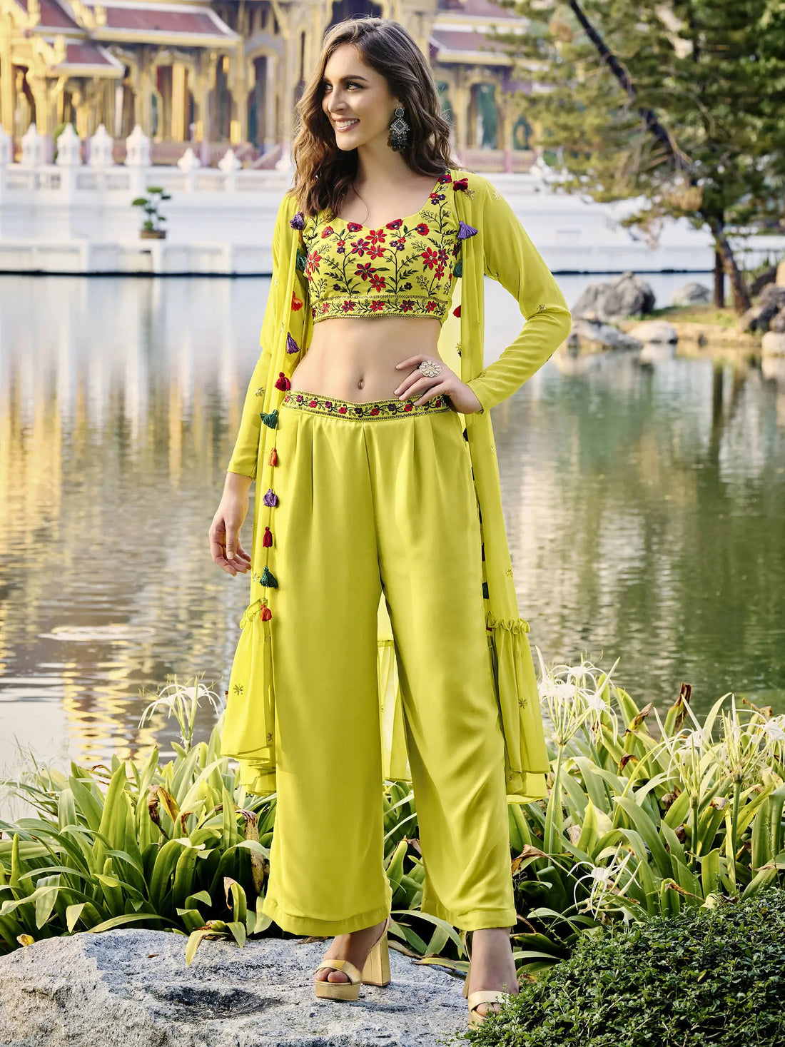 Stunning Light Green Embroidered Georgette Palazzo Suit With Jacket - Zeel Clothing