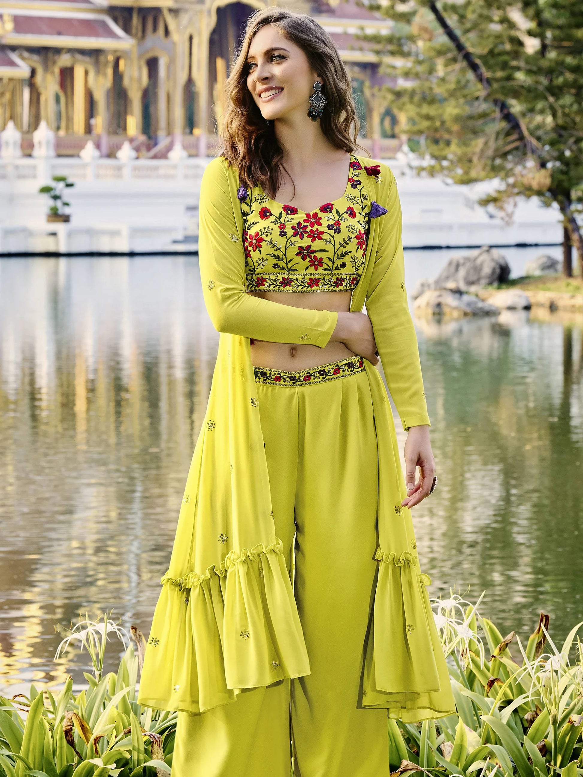 Stunning Light Green Embroidered Georgette Palazzo Suit With Jacket - Zeel Clothing