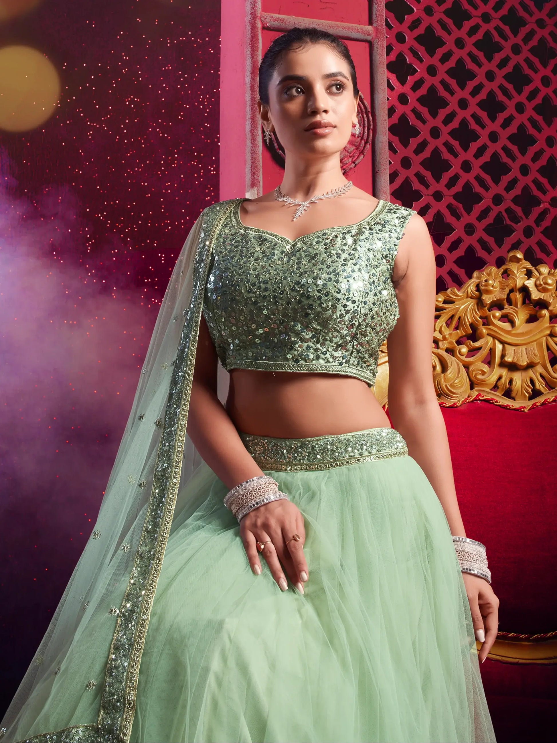 Stunning Light Green Net Party Wear Lehenga Choli With Dupatta - Zeel Clothing