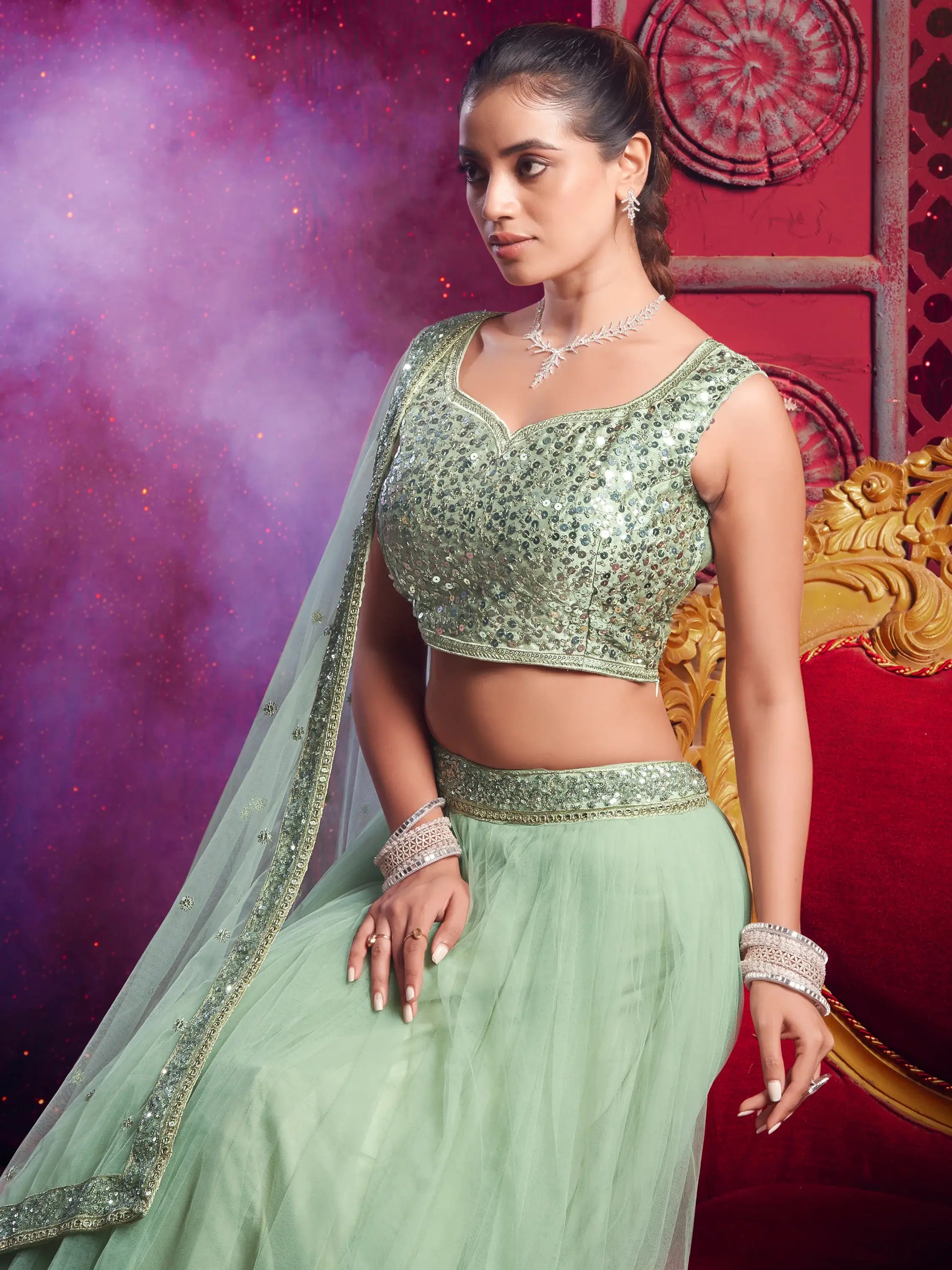 Stunning Light Green Net Party Wear Lehenga Choli With Dupatta - Zeel Clothing