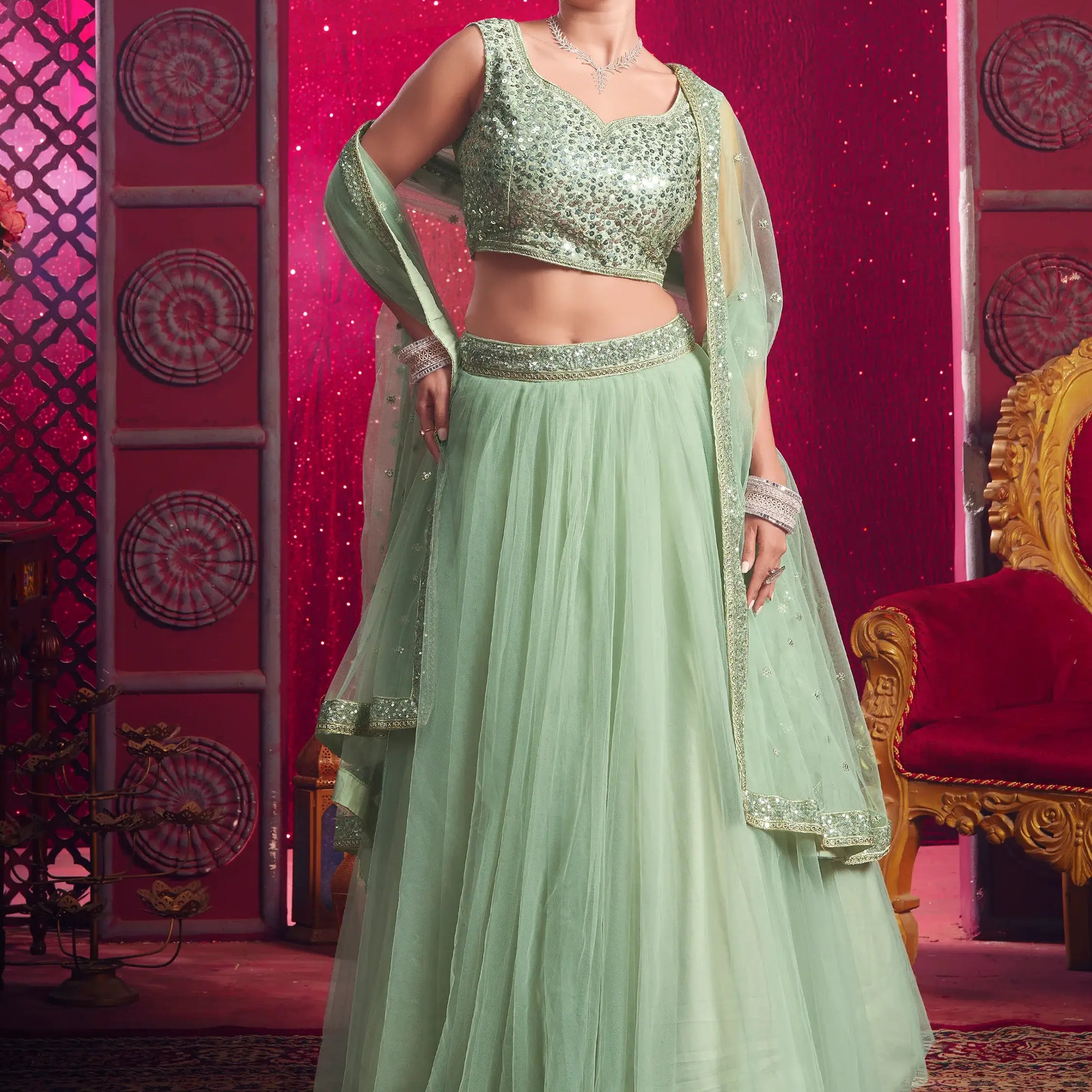 Stunning Light Green Net Party Wear Lehenga Choli With Dupatta - Zeel Clothing