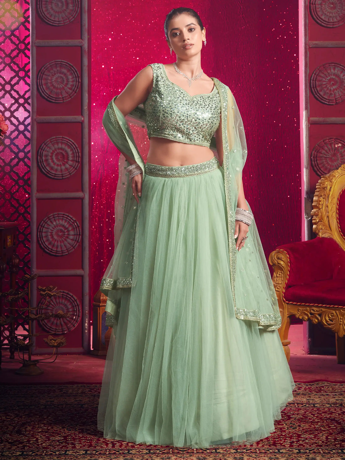 Stunning Light Green Net Party Wear Lehenga Choli With Dupatta - Zeel Clothing