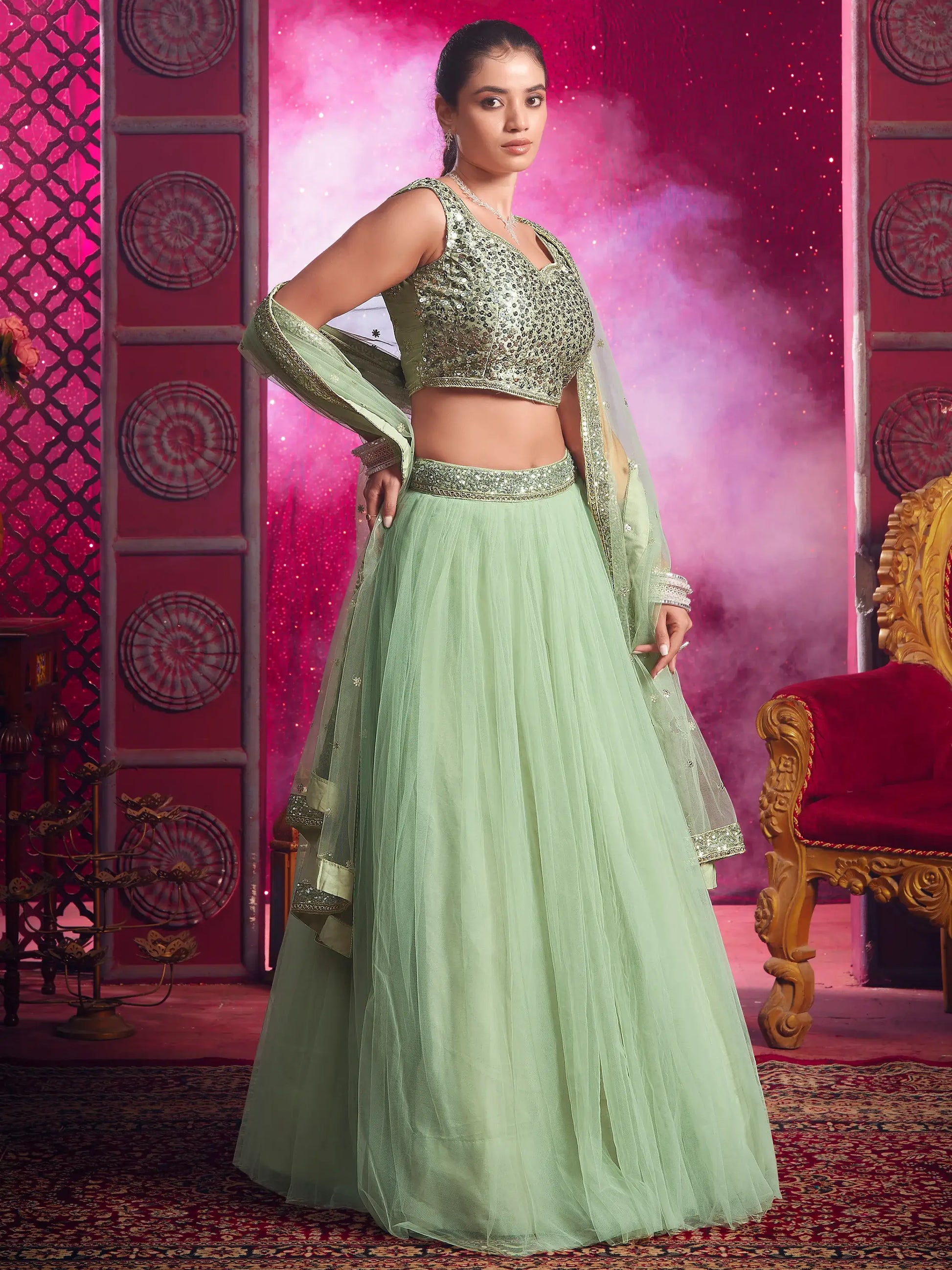 Stunning Light Green Net Party Wear Lehenga Choli With Dupatta - Zeel Clothing