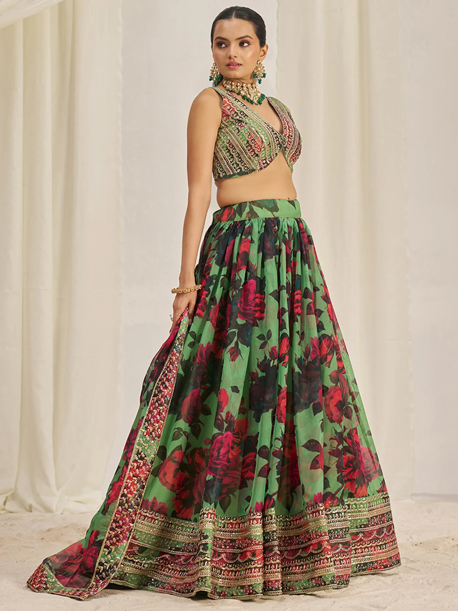 Stunning Light Green Printed Organza Event Wear Lehenga Choli - Zeel Clothing