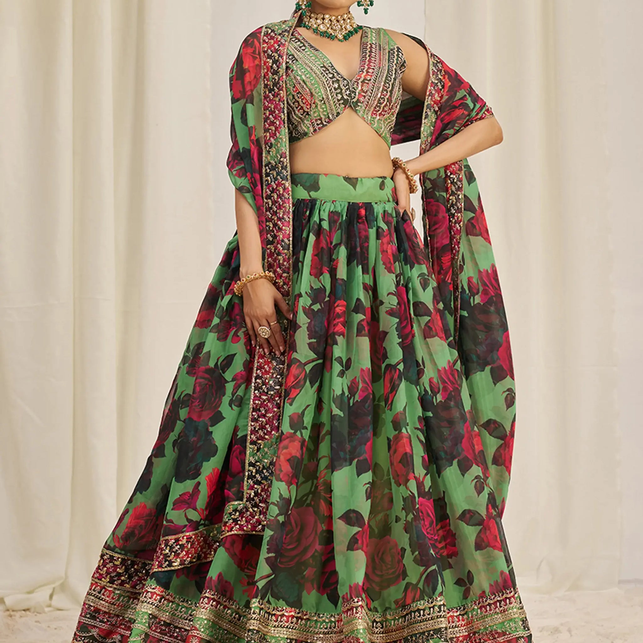 Stunning Light Green Printed Organza Event Wear Lehenga Choli - Zeel Clothing