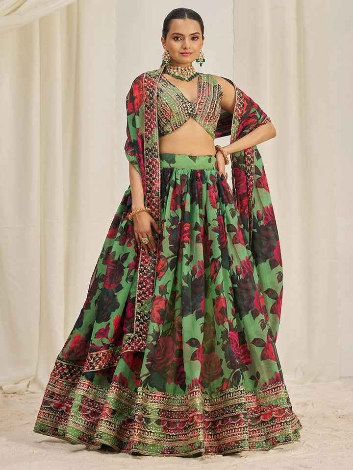 Stunning Light Green Printed Organza Event Wear Lehenga Choli - Zeel Clothing