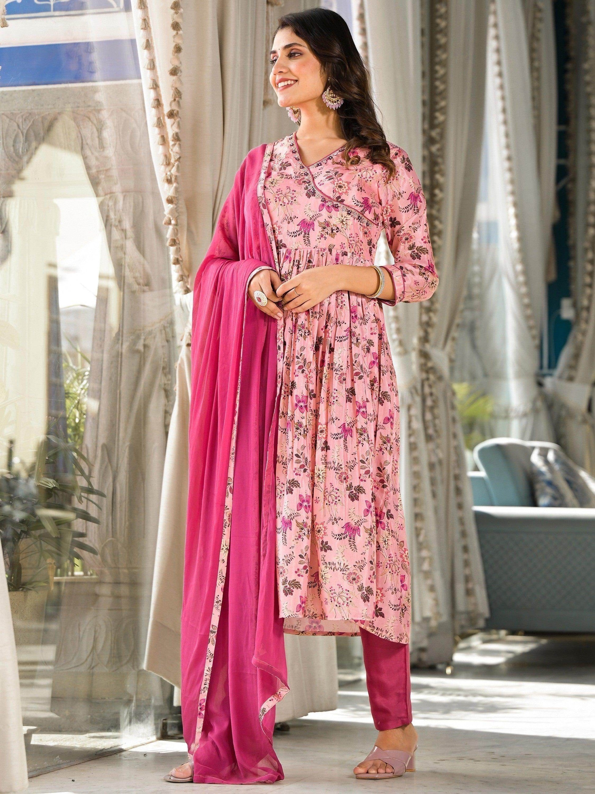 Stunning Light Pink Floral Printed Silk Readymade Pant Suit - Zeel Clothing