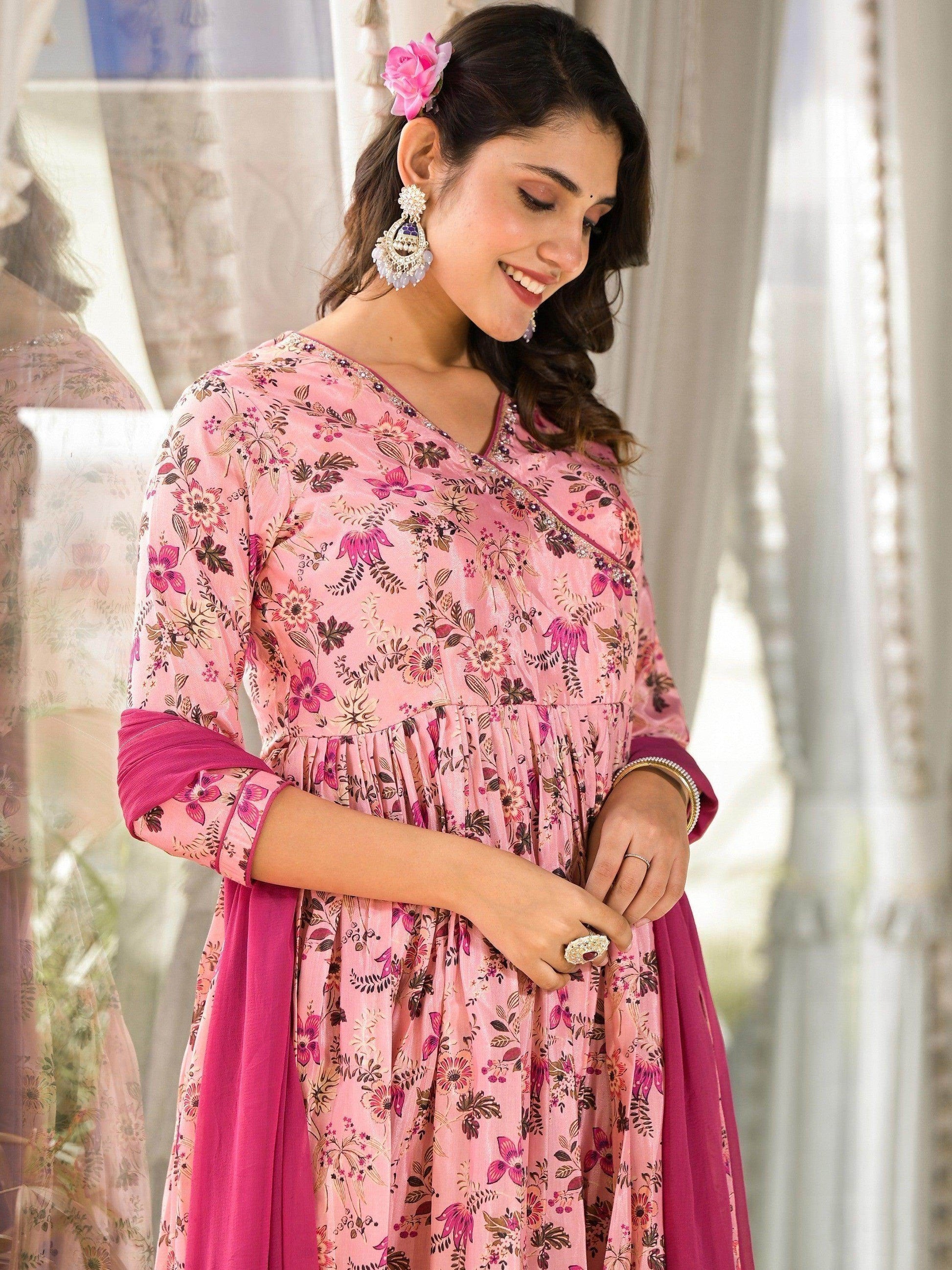 Stunning Light Pink Floral Printed Silk Readymade Pant Suit - Zeel Clothing
