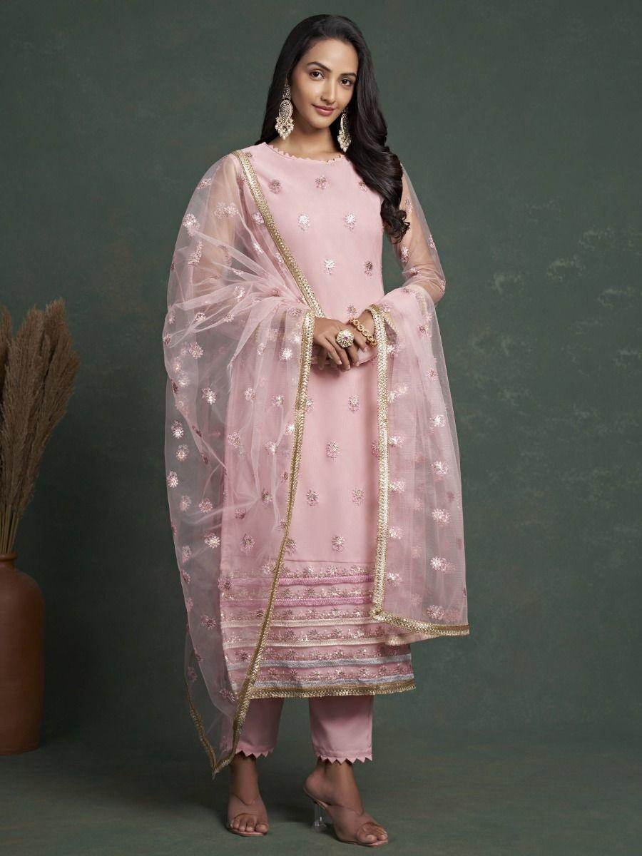 Stunning Light Pink Sequins Butterfly Net Salwar Kameez With Dupatta - Zeel Clothing