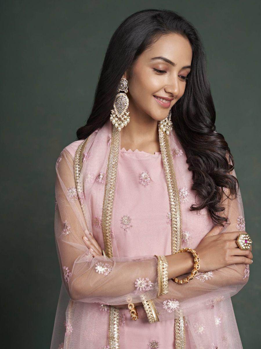 Stunning Light Pink Sequins Butterfly Net Salwar Kameez With Dupatta - Zeel Clothing