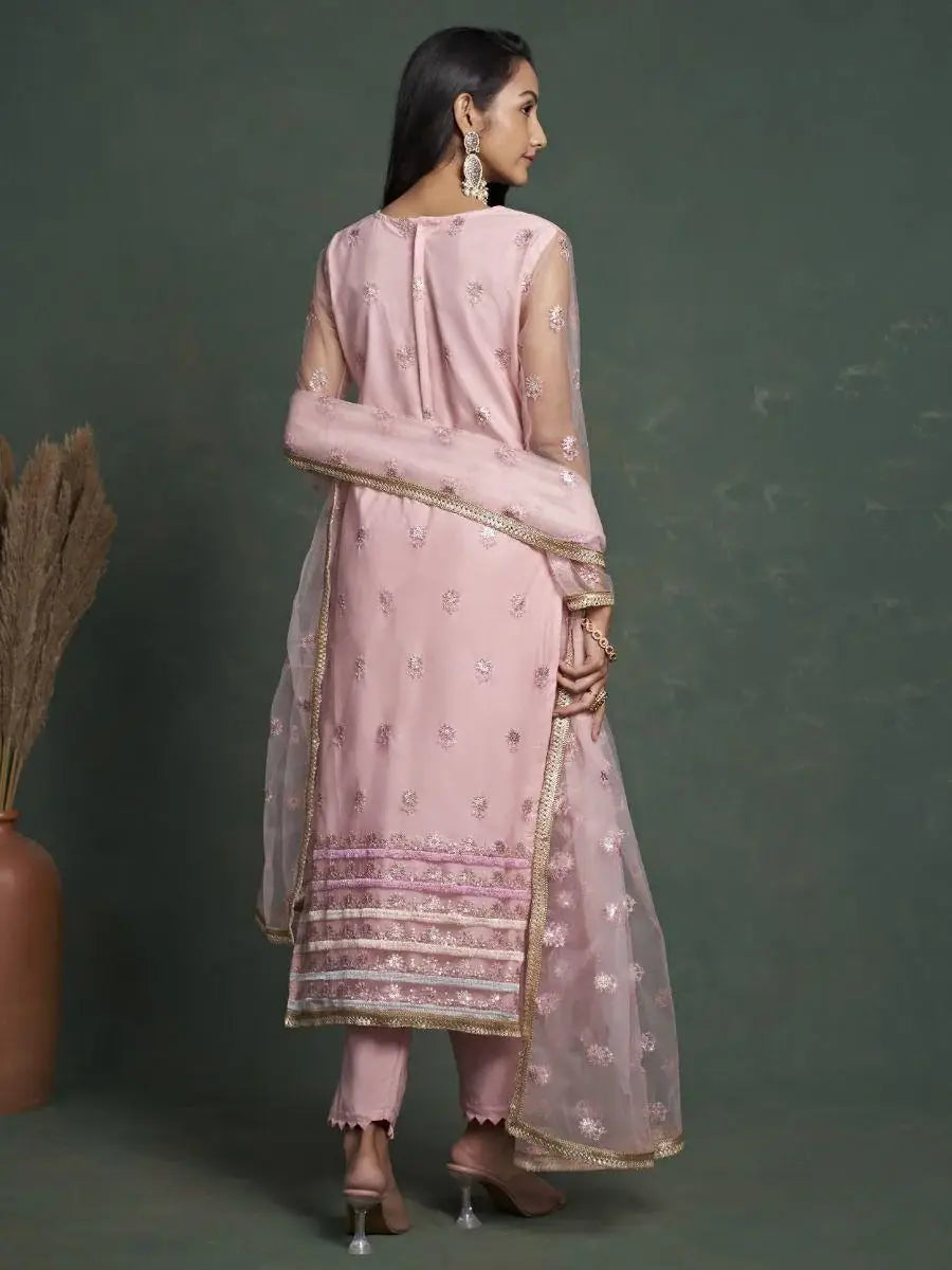 Stunning Light Pink Sequins Butterfly Net Salwar Kameez With Dupatta - Zeel Clothing