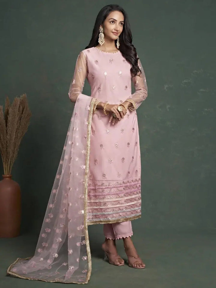 Stunning Light Pink Sequins Butterfly Net Salwar Kameez With Dupatta - Zeel Clothing
