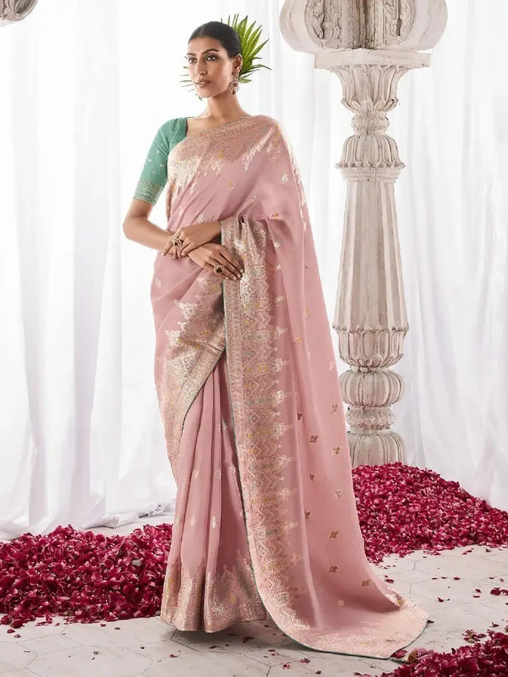 Stunning Light Pink Zari Weaving Silk Festive Wear Saree - Zeel Clothing
