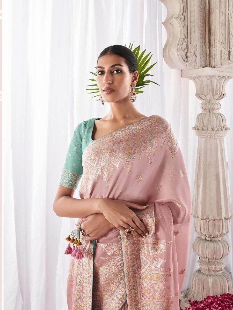 Stunning Light Pink Zari Weaving Silk Festive Wear Saree - Zeel Clothing