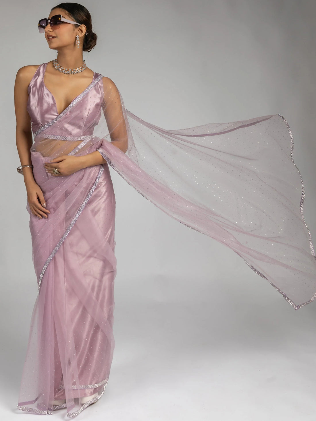 Stunning Light Purple Lace Bordered Net Reception Wear Pre-Stitched Saree - Zeel Clothing