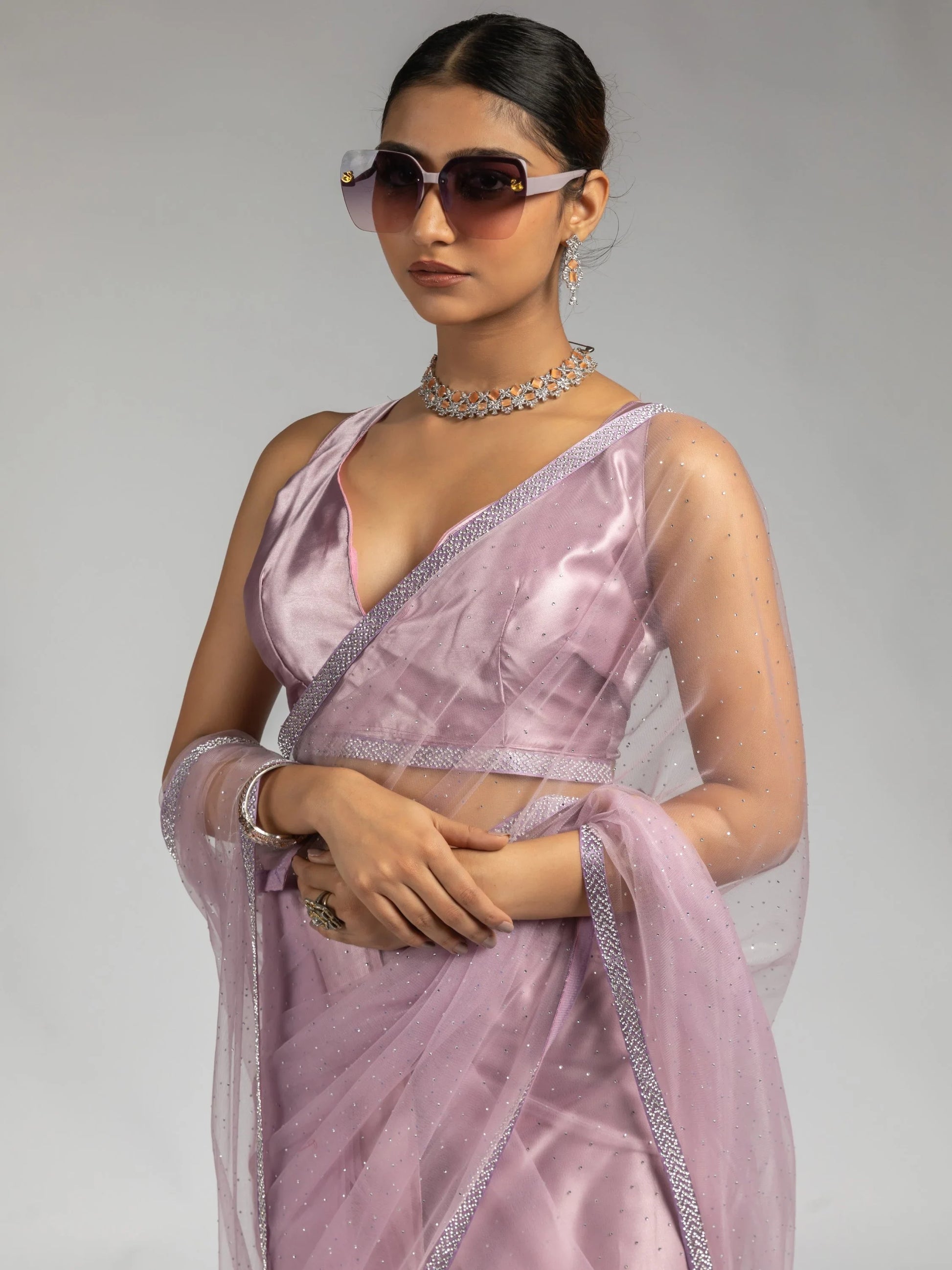 Stunning Light Purple Lace Bordered Net Reception Wear Pre-Stitched Saree - Zeel Clothing