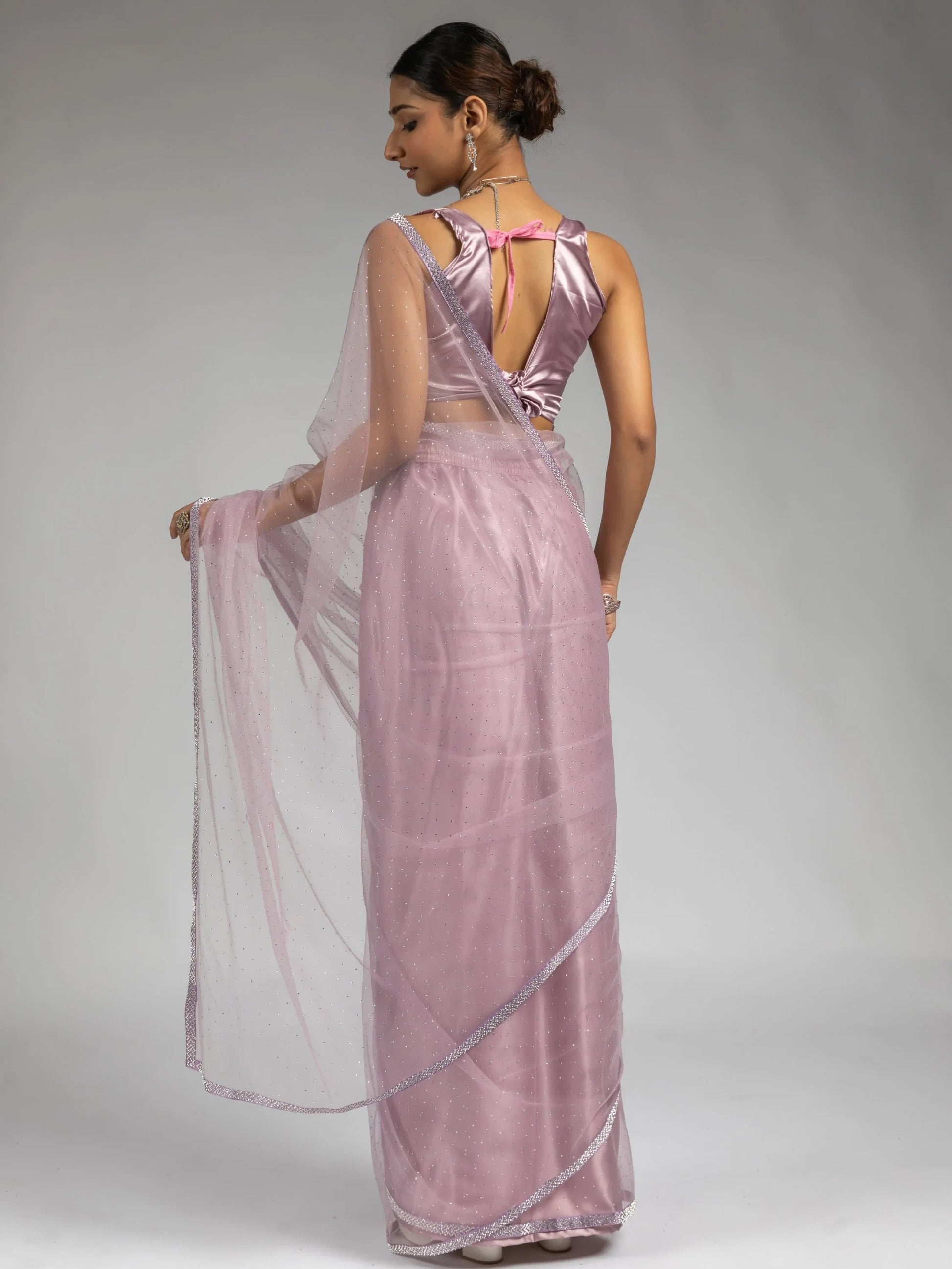 Stunning Light Purple Lace Bordered Net Reception Wear Pre-Stitched Saree - Zeel Clothing