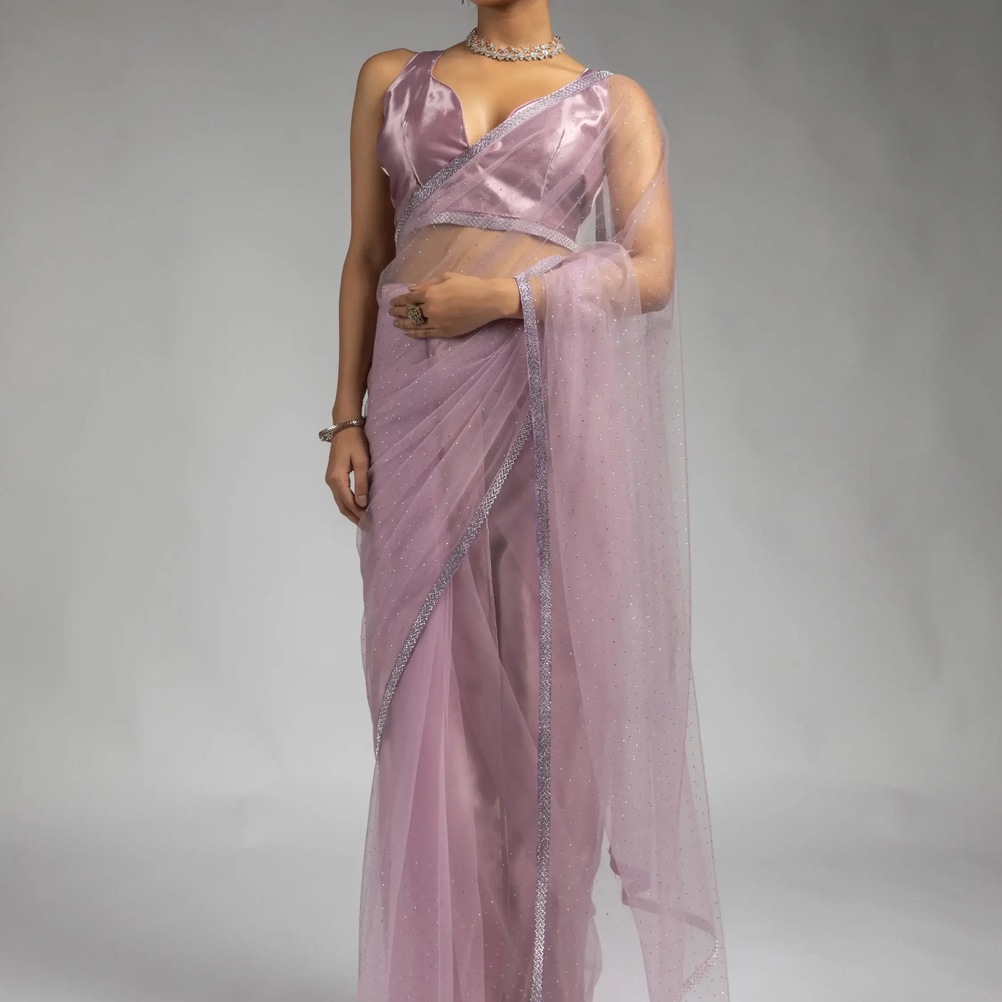 Stunning Light Purple Lace Bordered Net Reception Wear Pre-Stitched Saree - Zeel Clothing