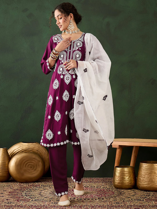 Stunning Magenta Embroidered Rayon Pant Suit With Dupatta - Zeel Clothing