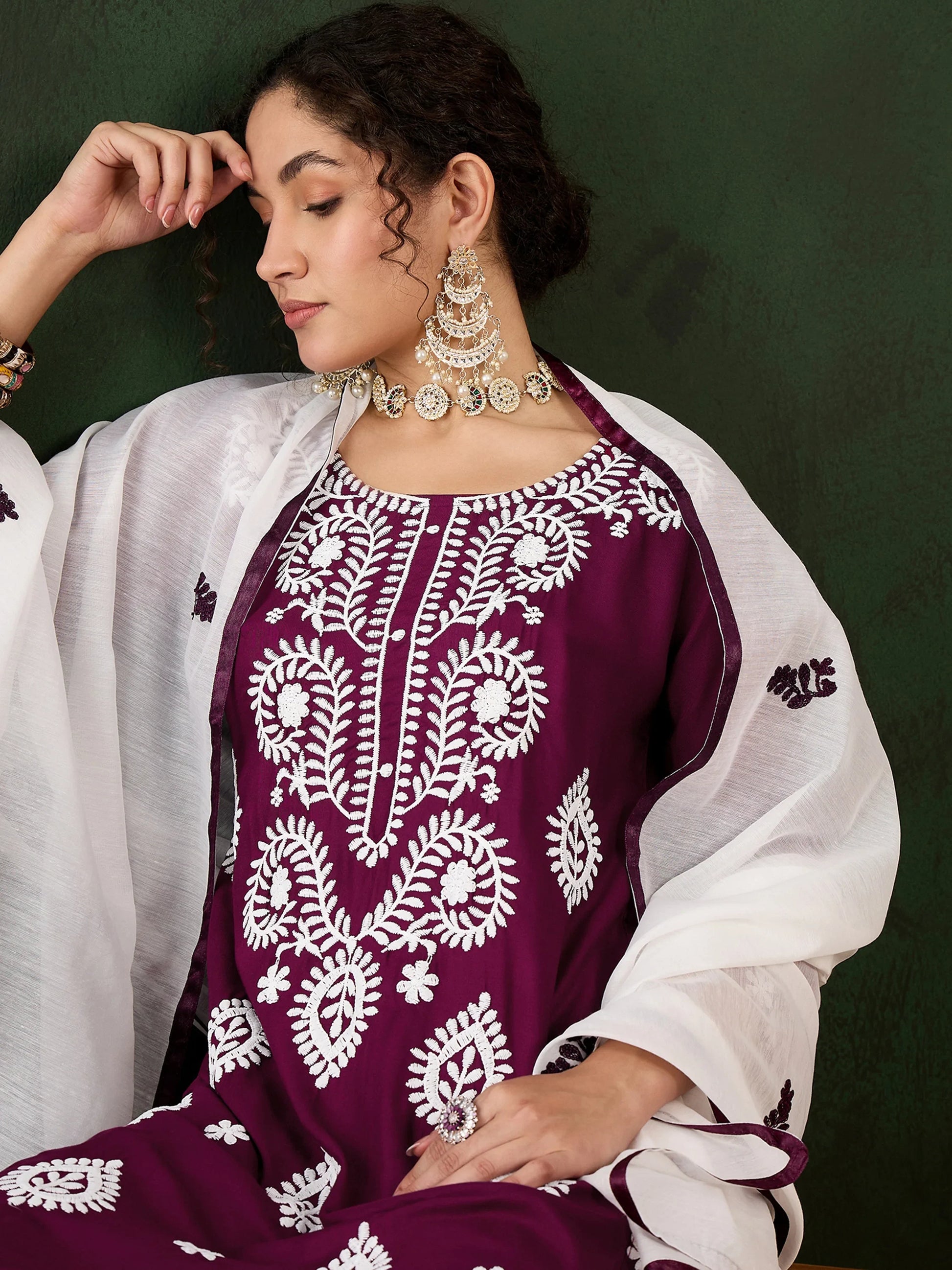 Stunning Magenta Embroidered Rayon Pant Suit With Dupatta - Zeel Clothing
