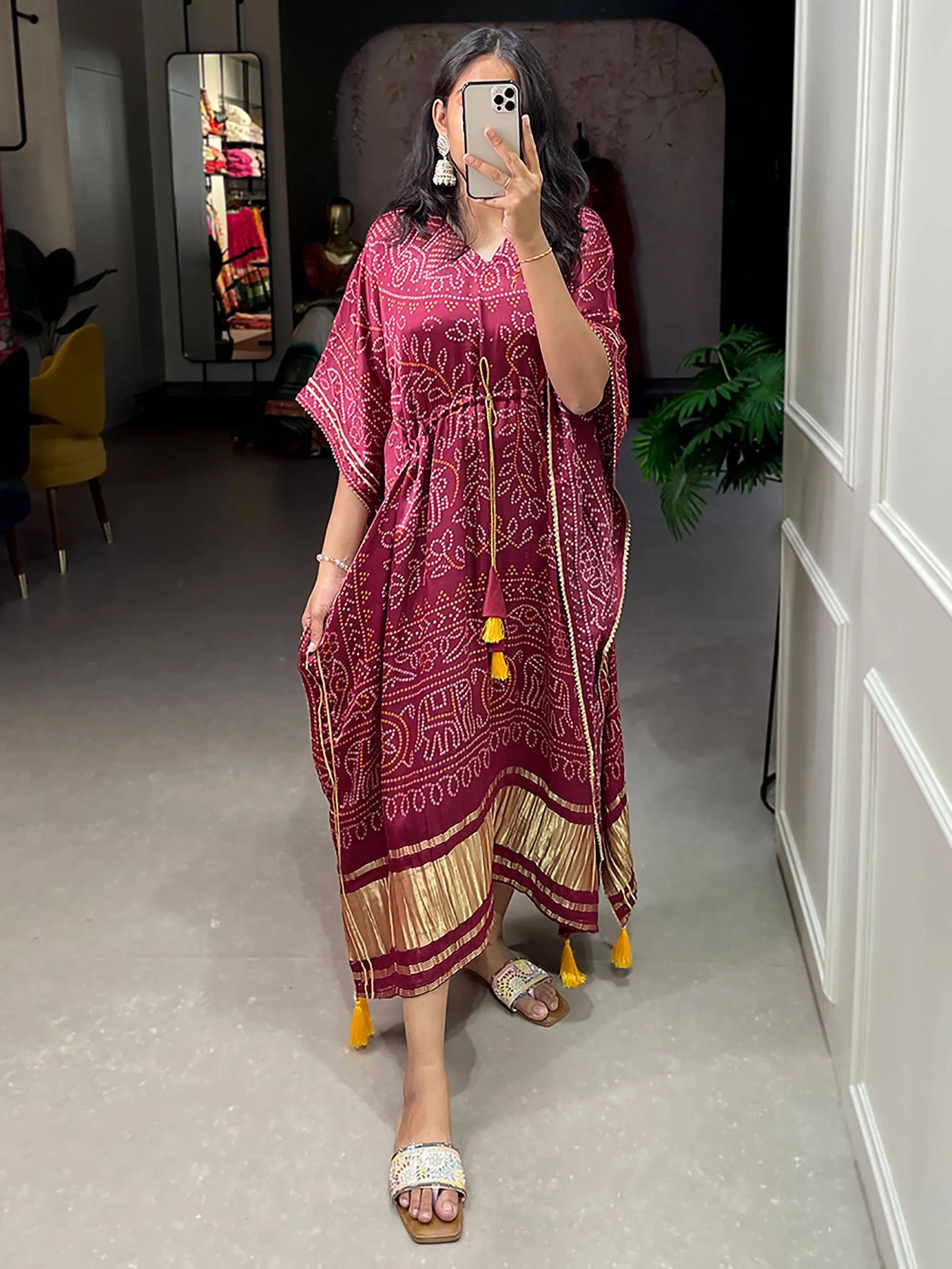 Stunning Maroon Bandhani Print Gaji Silk Event Wear Readymade Kaftan - Zeel Clothing