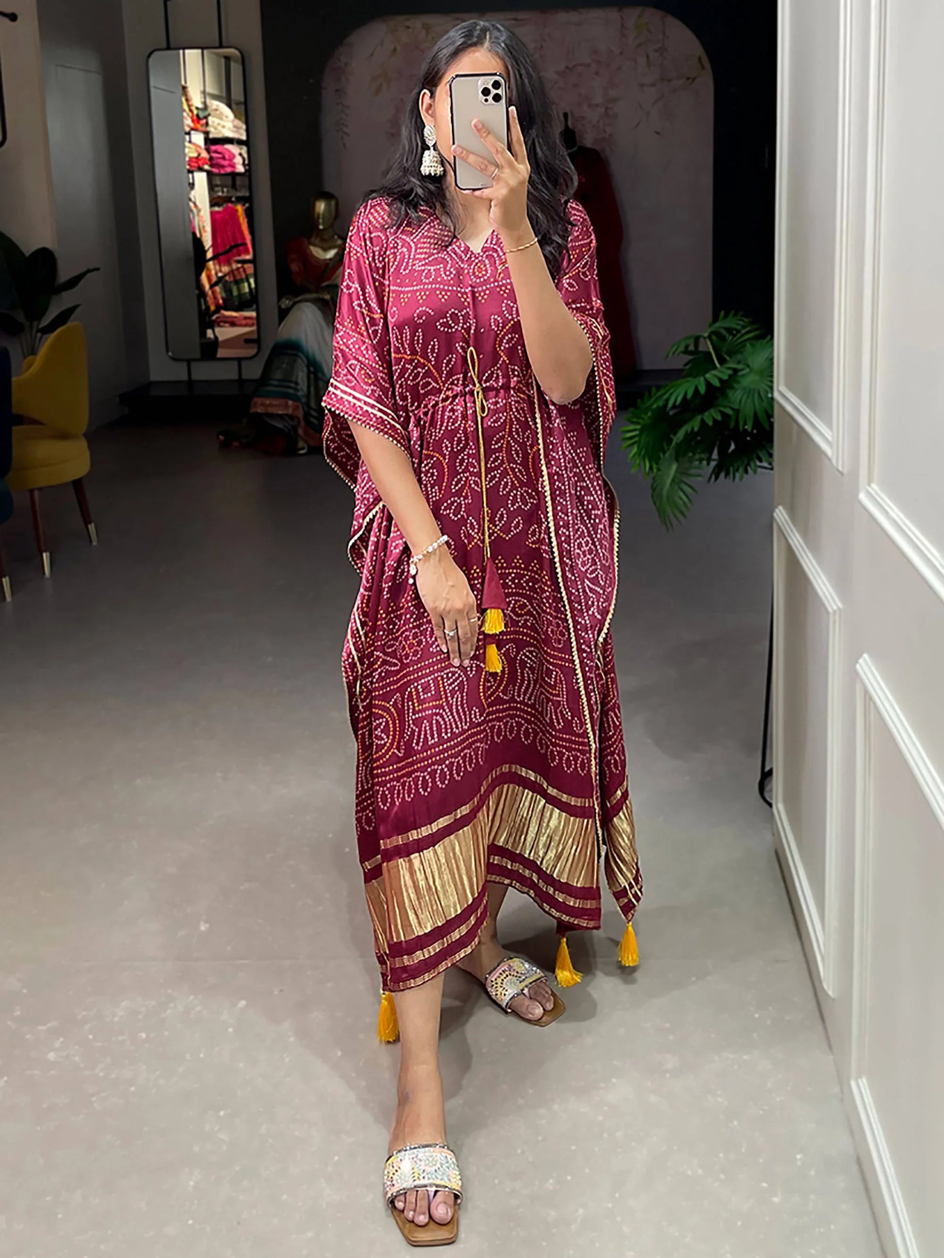 Stunning Maroon Bandhani Print Gaji Silk Event Wear Readymade Kaftan - Zeel Clothing