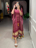 Stunning Maroon Bandhani Print Gaji Silk Event Wear Readymade Kaftan - Zeel Clothing