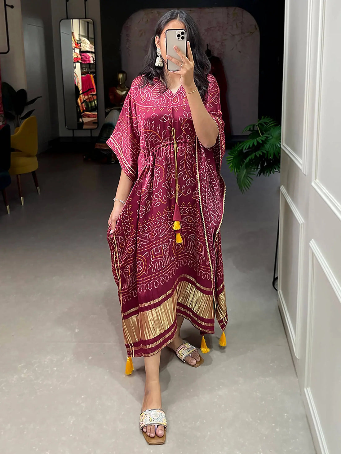 Stunning Maroon Bandhani Print Gaji Silk Event Wear Readymade Kaftan - Zeel Clothing