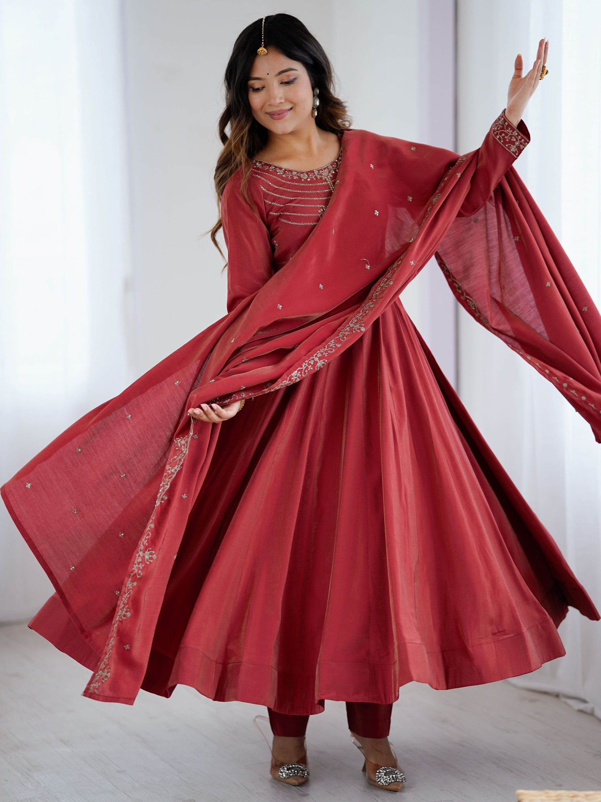 Stunning Maroon Bead Work Chanderi Silk Wedding Wear Anarkali Suit With Dupatta