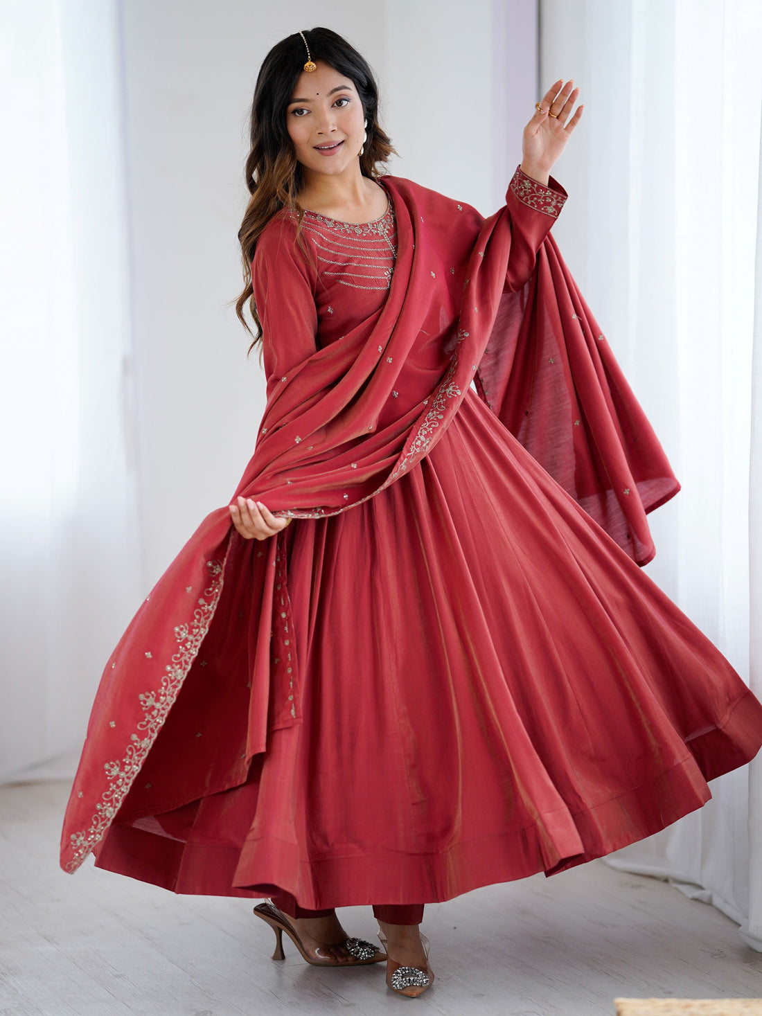 Stunning Maroon Bead Work Chanderi Silk Wedding Wear Anarkali Suit With Dupatta