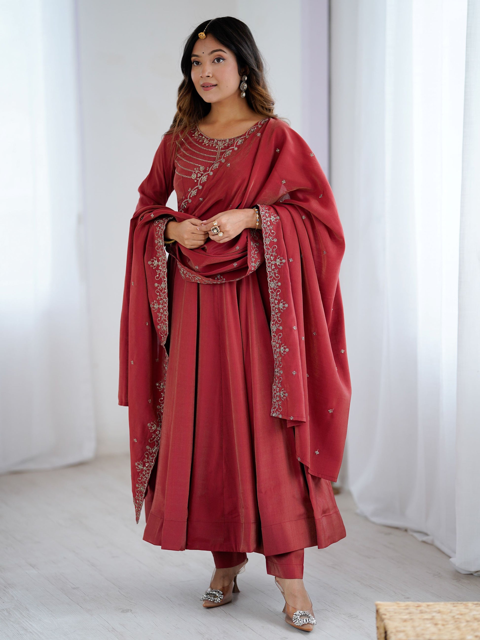 Stunning Maroon Bead Work Chanderi Silk Wedding Wear Anarkali Suit With Dupatta