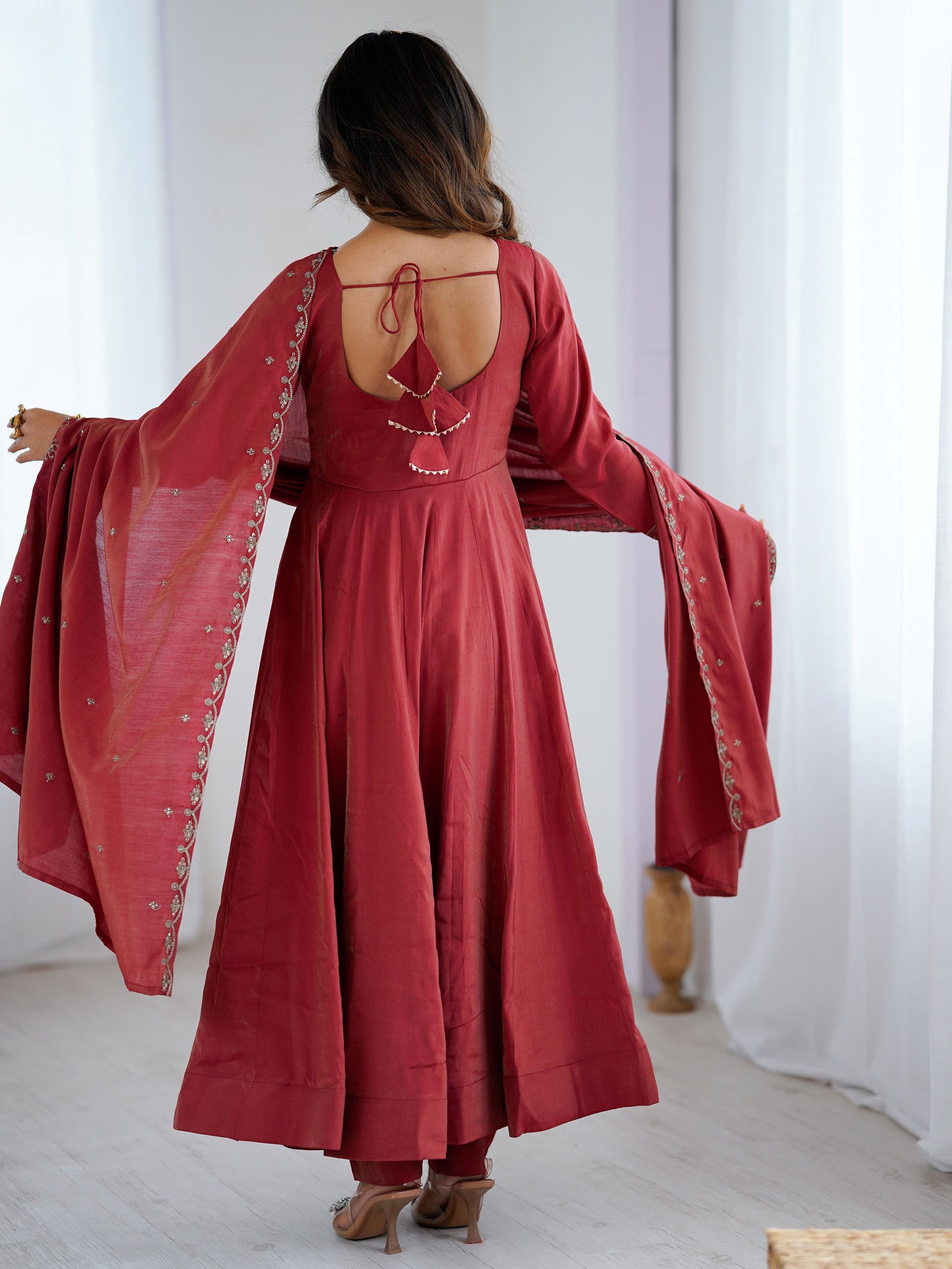 Stunning Maroon Bead Work Chanderi Silk Wedding Wear Anarkali Suit With Dupatta