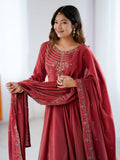 Stunning Maroon Bead Work Chanderi Silk Wedding Wear Anarkali Suit With Dupatta