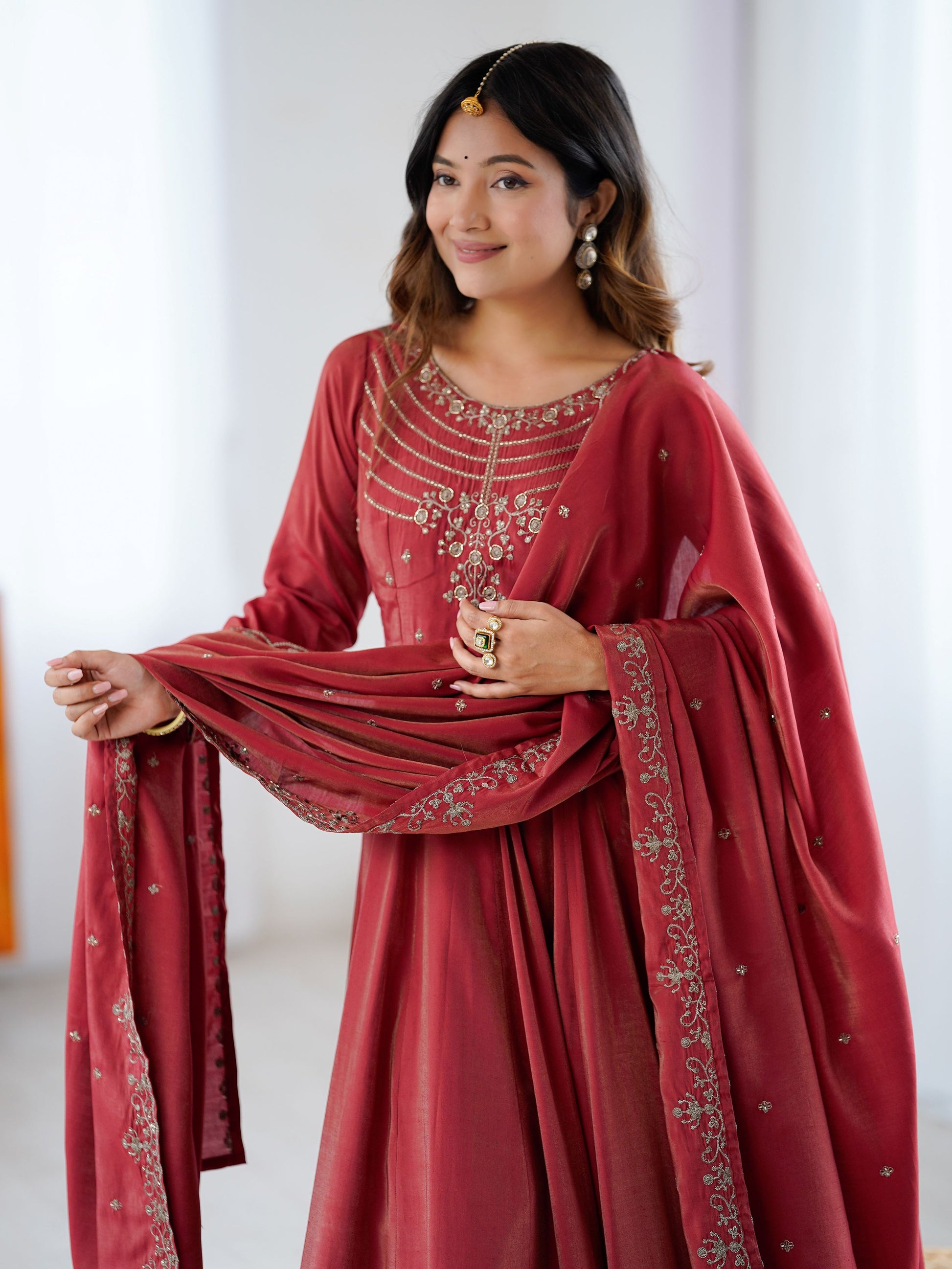 Stunning Maroon Bead Work Chanderi Silk Wedding Wear Anarkali Suit With Dupatta