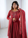 Stunning Maroon Bead Work Chanderi Silk Wedding Wear Anarkali Suit With Dupatta